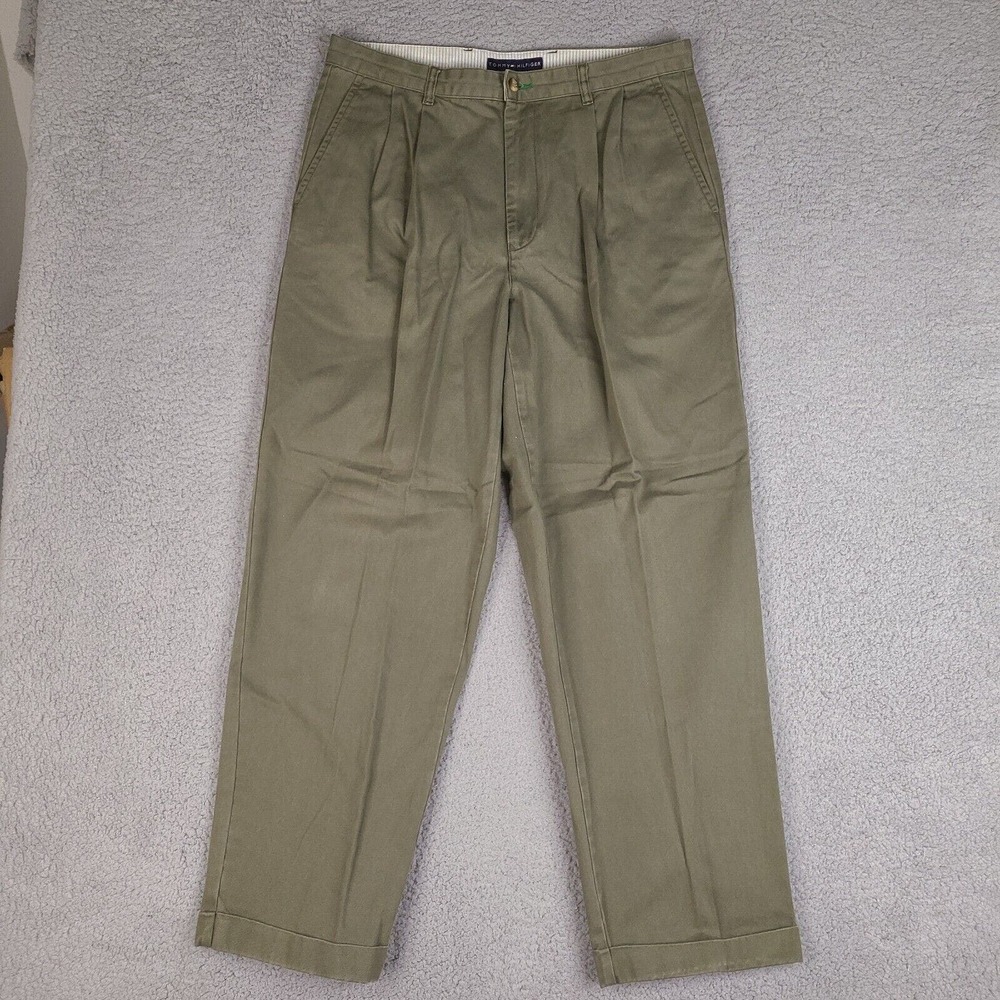 Tommy Hilfiger Pants Mens 35x30.5 Green Chino Pleated Front Cuffed‎ Khaki Cotton